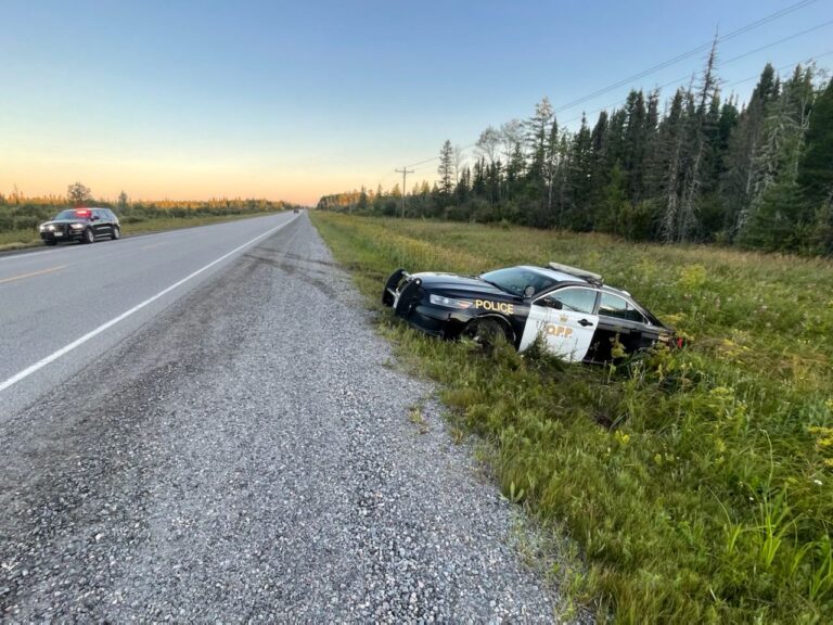 OPP cruiser takes ditch after incident with transport near Opasatika